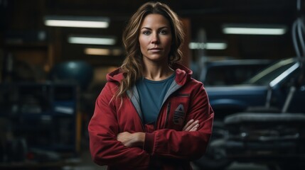 Poster - Beautiful female mechanic in a gritty auto repair shop.