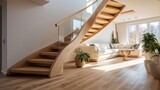 Fototapeta  - Modern natural ash tree wooden stairs in new house interior 8k,