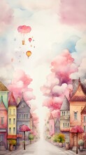 Street Lot Houses Balloons Illustrated Pink Grey Clouds Dissolving Air Welcome Wonderland Scattered Dreaming About Faraway Place Tall Spires Pencil Illustration