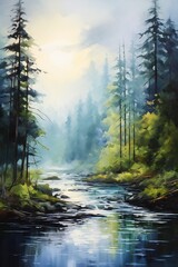Wall Mural - river forest trees sky volumetric hazy lighting abstract perfectly calm gentle dawn green light mists silver melting rivers