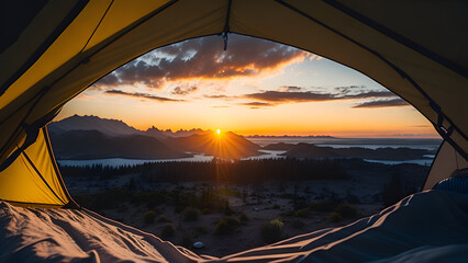 Wall Mural - camping tent high in the mountains at sunset