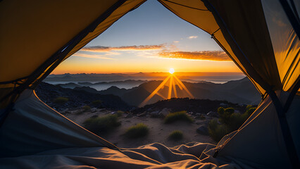 Wall Mural - camping tent high in the mountains at sunset