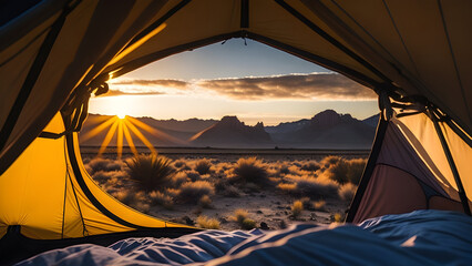 Wall Mural - camping tent high in the mountains at sunset