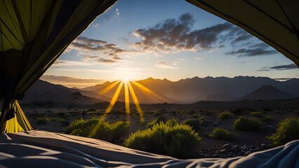 Wall Mural - camping tent high in the mountains at sunset