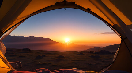 Wall Mural - camping tent high in the mountains at sunset