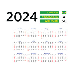 Wall Mural - Brazil Calendar 2024. Week starts from Sunday. Vector graphic design. Portuguese language.