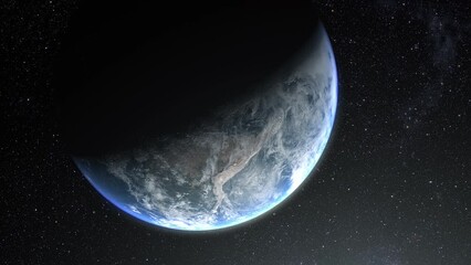 Poster - A cinematic rendering of planet Earth during sunrise as view from space with vibrant blue sky atmosphere