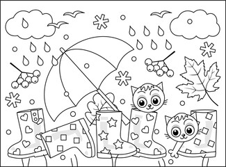 Wall Mural - Autumn coloring page with gumboots, umbrella, falling leaves, first snowflakes, rain, and two cute kittens
