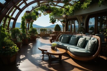  Top-deck garden oasis on a cruise ship, featuring lush greenery and serene seating areas, Generative AI