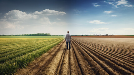 Poster - Person standing between plowed and farmland