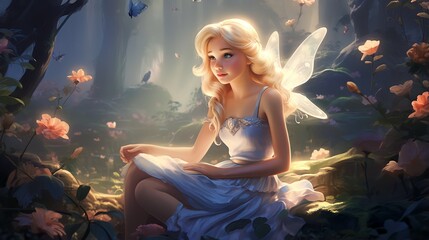 Female fairy with wings relaxing in the forest