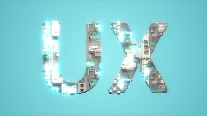 Fototapete - modern lighting cybernetical text UX on blue bg - abstract 3D illustration
