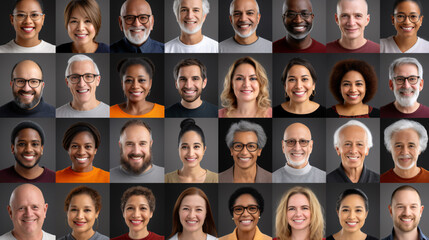 Wall Mural - A vibrant collage of joyful individuals from diverse ethnic backgrounds, spanning various ages, captured in headshots..