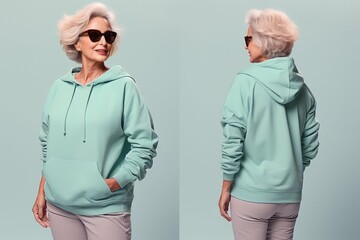 Wall Mural - old grandmother wearing long sleeve hoodie sweatshirt Side view, back and front view mockup template for print t-shirt design mockup