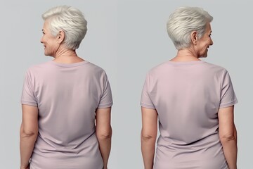 Sticker - old grandmother wearing casual t-shirt. Side view, back and front view mockup template for print t-shirt design mockup