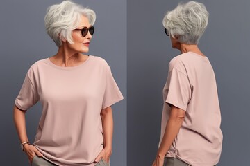 Wall Mural - old grandmother wearing casual t-shirt. Side view, back and front view mockup template for print t-shirt design mockup