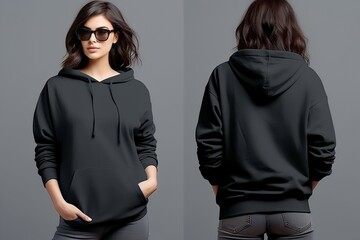 Wall Mural - Young woman wearing long sleeve hoodie sweatshirt Side view, back and front view mockup template for print t-shirt design mockup