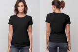 Fototapeta Most - Young woman wearing black casual t-shirt. Side view, back and front view mockup template for print t-shirt design mockup