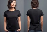 Fototapeta Most - Young woman wearing black casual t-shirt. Side view, back and front view mockup template for print t-shirt design mockup