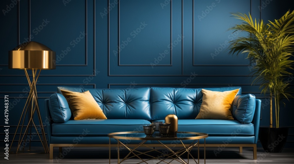 Design of a modern living room with a dark blue sofa and a blue wall ...