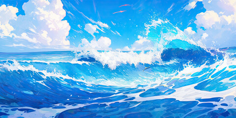 Anime ocean waves background blue tropical sea backdrop, generated ai