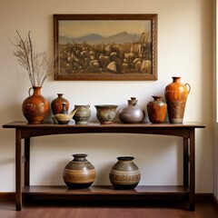 Interior decoration ceramic vases on rustic entry way table with two lamps and framed art piece