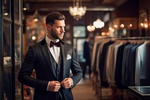 Businessman Trying On Suit In Famous Elegant Dress Shop