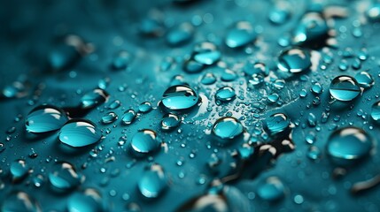 Wall Mural - Close-up of Dew Drops on Blue Surface with Selective Focus