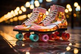 Pair of retro roller skates in a colorful roller rink, capturing the essence of 80's nostalgia, Generative AI
