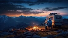 Sunset In The Mountains With Camper Van And Tourist Background
