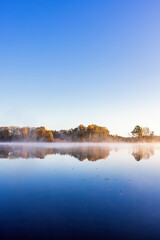 Wall Mural - Beautiful landscape view at a lake with fog and autumn colors in the forest