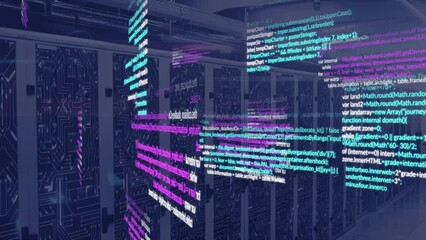 Poster - Animation of computer language and circuit board pattern over data server racks in server room