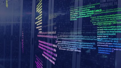 Poster - animation of computer language over binary codes on data server racks in server room