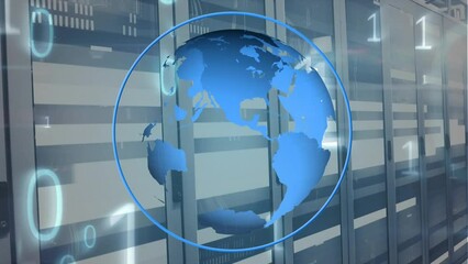 Poster - Animation of globe in circle and falling binary codes over moving bars on data server racks