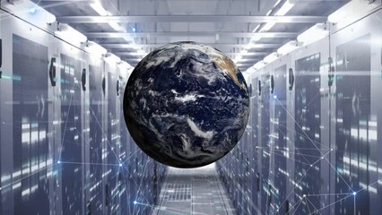Poster - Animation of rotating globe and connected dots over bars on data server racks in server room