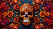 Colorful Skull On Vivid Background, Day Of The Dead, Dia De Muertos. Hispanic Heritage Sugar Skull Marigold Festive Dia De Los Muertos Background.