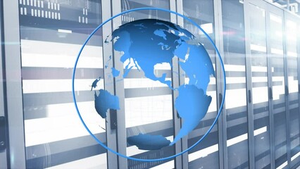Poster - Animation of rotating globe in circle over moving bars over data server systems in server room