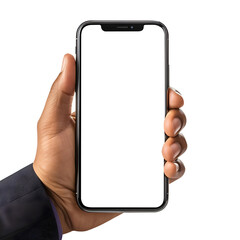 Man hand holding the smartphone with blank screen mockup, Cutout.