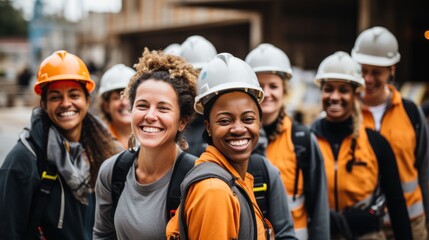 Photograph of smiling women, a group of various happy women doing construction work on a construction site.