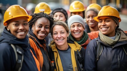 Wall Mural - Photograph of smiling women, a group of various happy women doing construction work on a construction site.