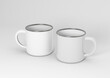 blank empty plain white set of two enamel mugs with sliver edge on isolated background