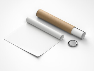 white plain empty blank rolled canvas poster and paper tube with metallic cap on isolated background