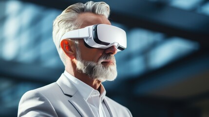 Wall Mural - Photos of virtual reality demonstrations Mature businessman wears VR glasses in office business technology