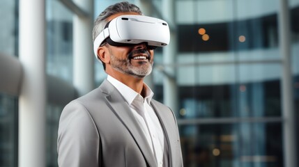 Wall Mural - Photos of virtual reality demonstrations Mature businessman wears VR glasses in office business technology