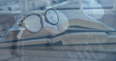 Poster - Animation of infographic interface, spectacles on book over time lapse of walking people