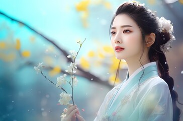 pretty young Chinese woman wearing traditional outfit walking in plum forest during spring time with flower blossoming, Generative Ai