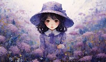 Painting Style Illustration Of Cute Girl Walking In Purple Flower Garden, Generative Ai