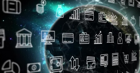 Poster - Animation of multiple icons and connected dots around globe against abstract background