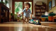 Childhood, Young Kid Playing With His Toy Train In Living Room With Full Of Happinesses