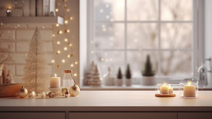 Natural scandinavian Christmas kitchen with holidays decors, Happy holidays and New year 2025